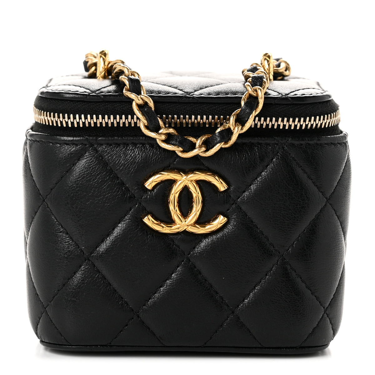 Shiny Lambskin Quilted CC Mini Vanity Case With Chain Black