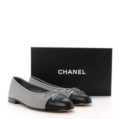 Chanel Lambskin Cap Toe CC Ballerina Flats 38.5 Grey Black 10 of 10