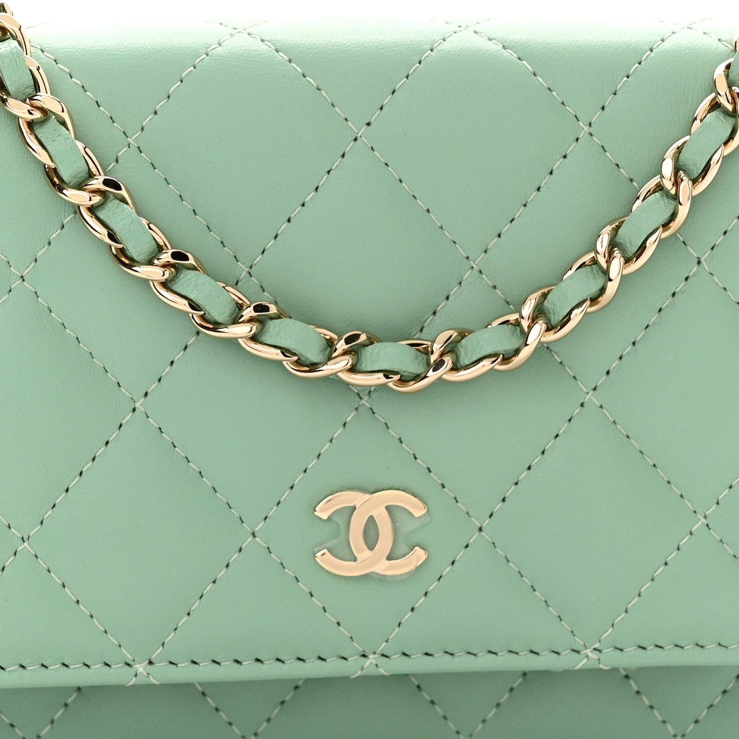 Lambskin Quilted Mini Wallet On Chain WOC Light Green