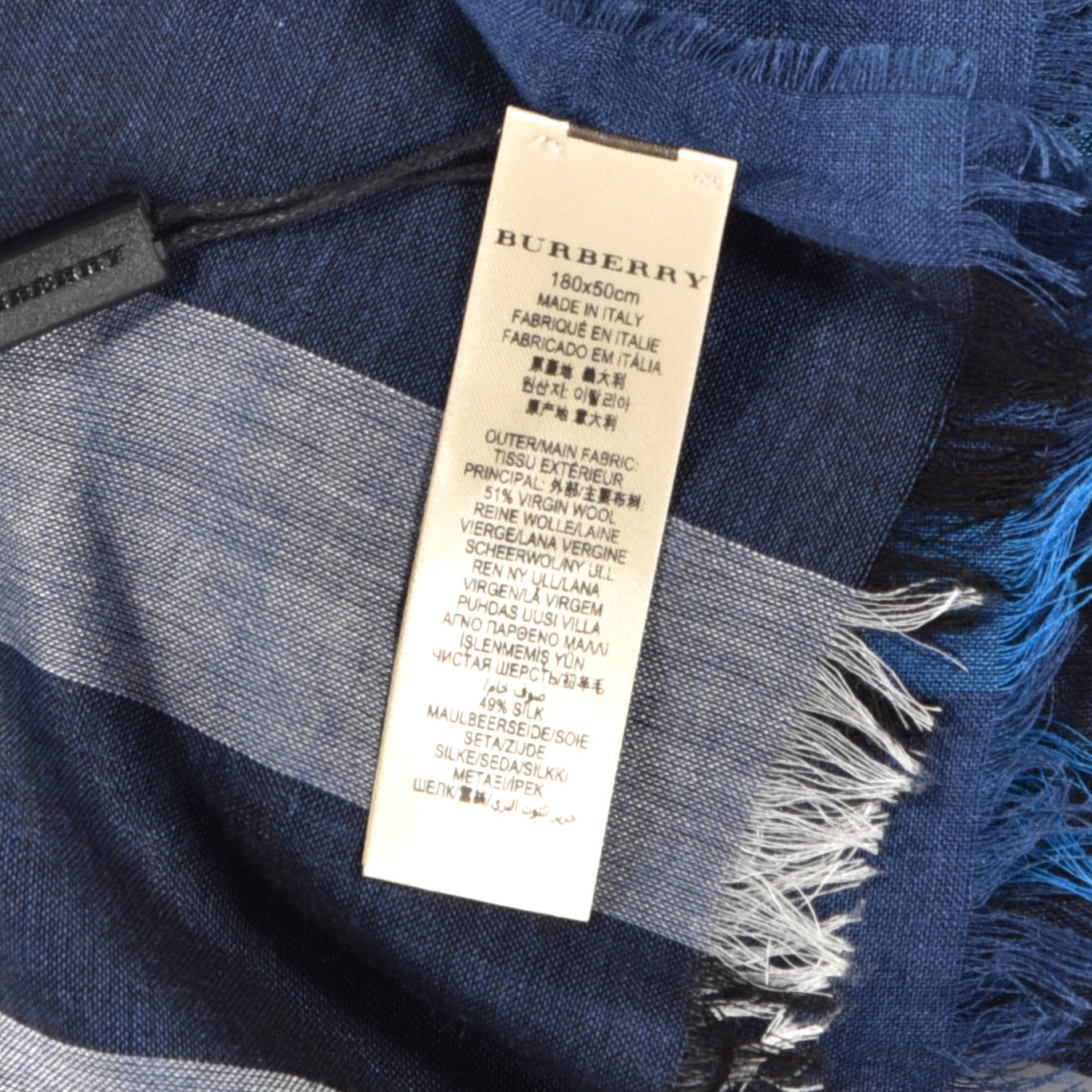 Wool Silk Gauze Ombre Giant Check Scarf Cadet Blue