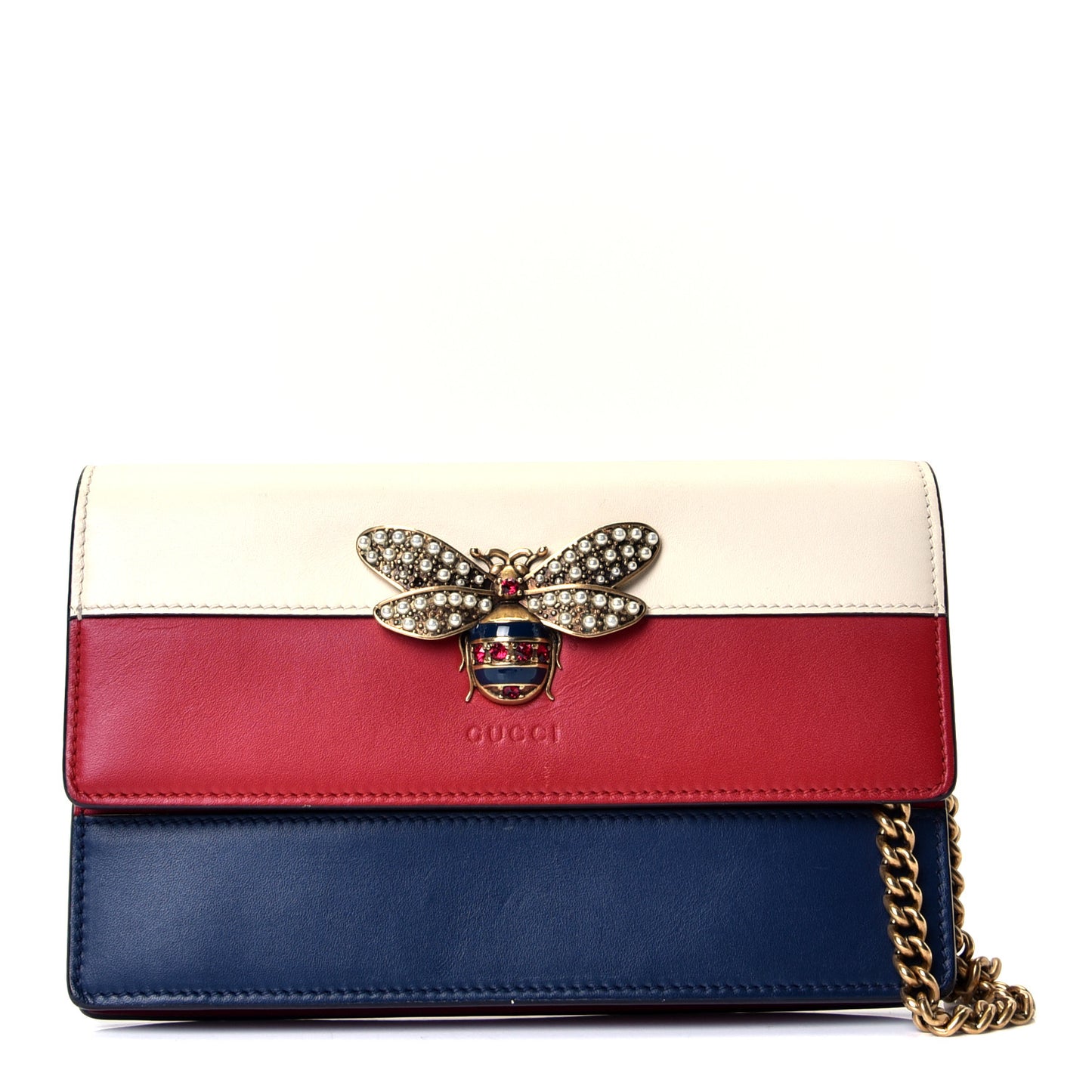 Calfskin Queen Margaret Chain Wallet Blue Agata Hibiscus Red Mystic White