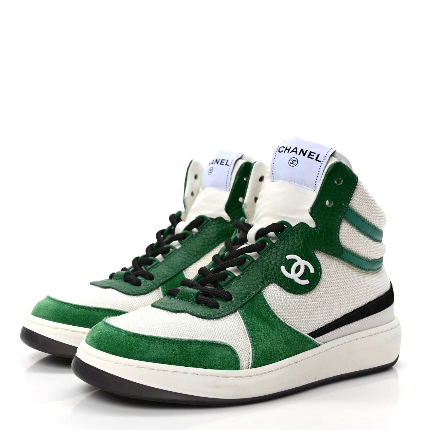 Chanel Suede Fabric Grained Calfskin Womens CC High Top Sneakers 37.5 White Green 3 of 8