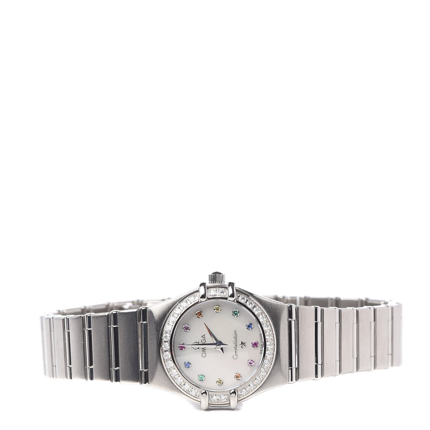 Omega Stainless Steel Diamond Bezel Mother of Pearl Multi Gemstone 22mm Constellation Iris Rainbow Quartz Watch 1460.79 3 of 8