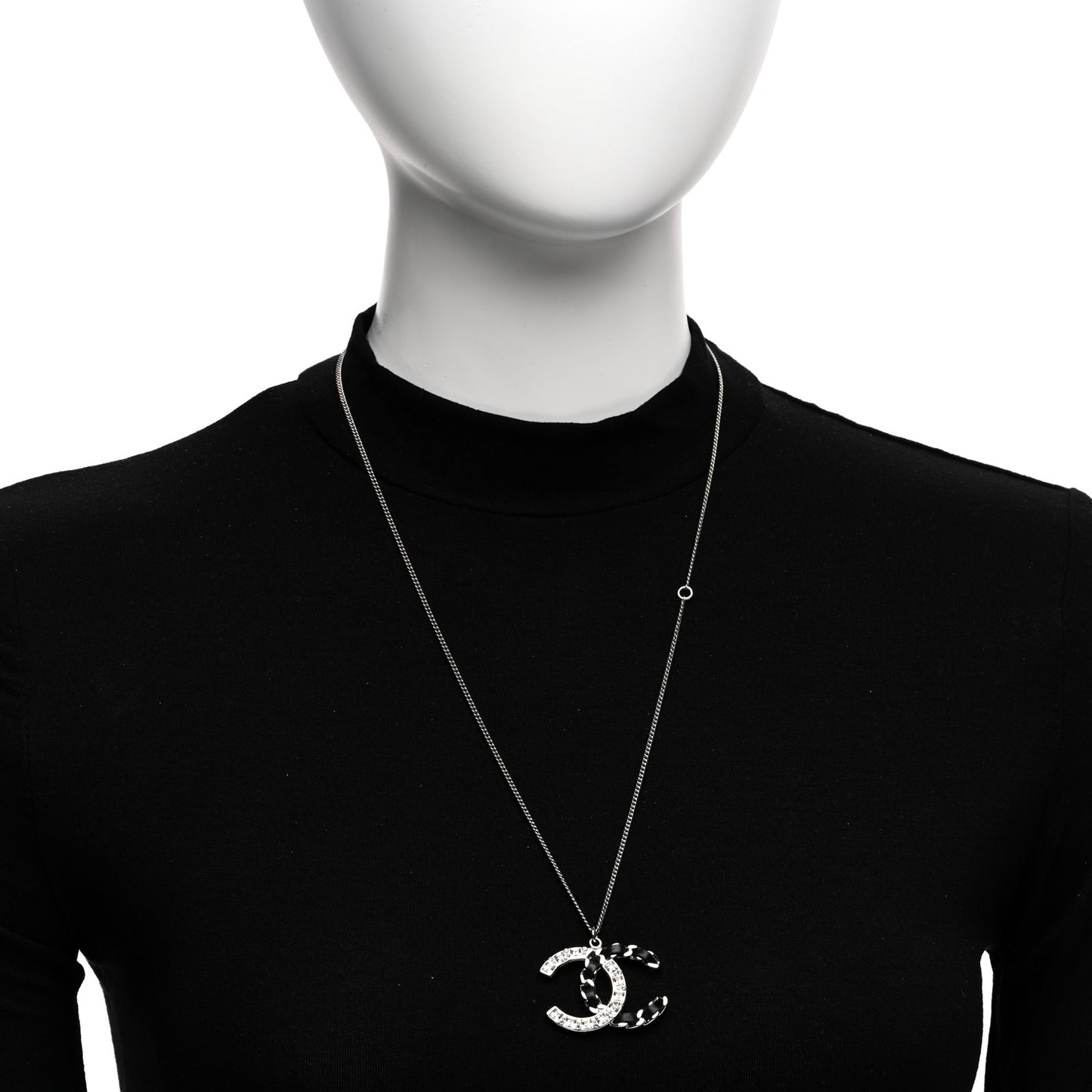 Lambskin Baguette Crystal CC Necklace Black Silver