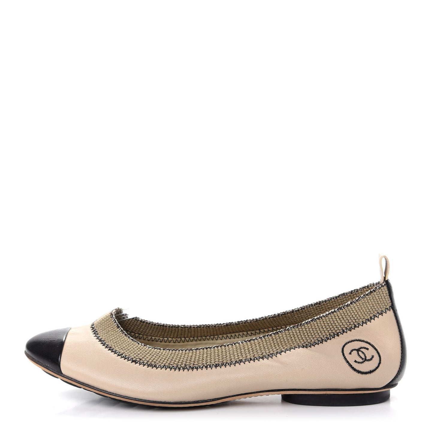 Lambskin CC Elastic Cap Toe Ballerina Flats 37.5 Beige Black