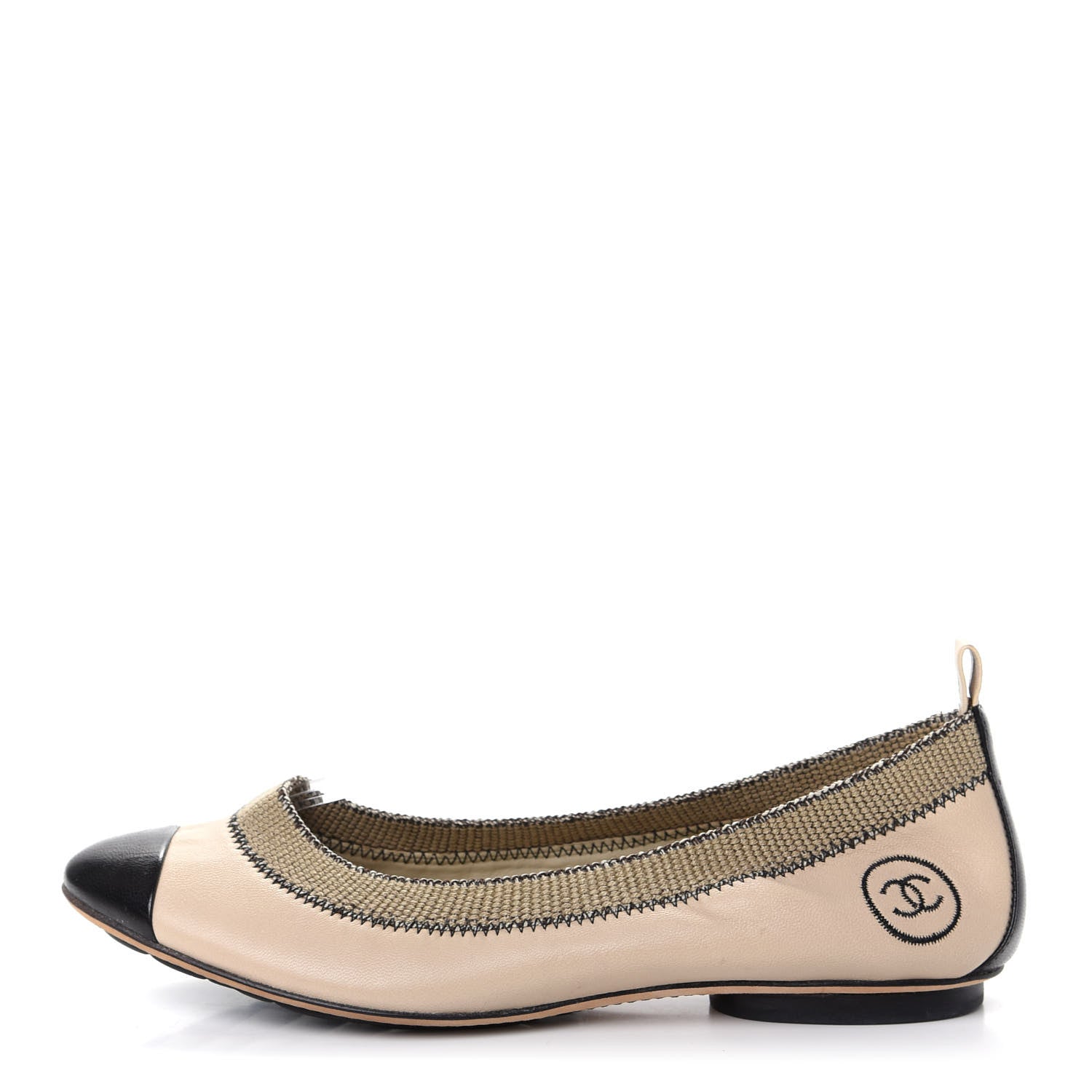Chanel Lambskin CC Elastic Cap Toe Ballerina Flats 37.5 Beige Black 1 of 10