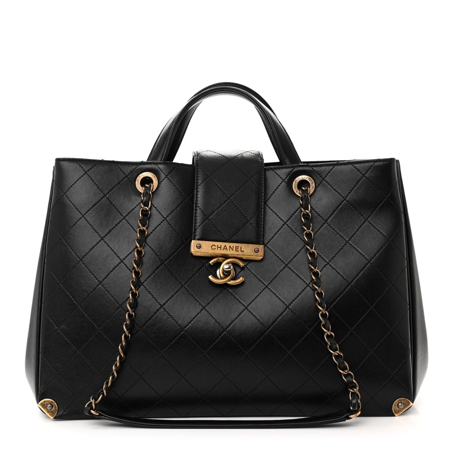 Lambskin Stitched Large Around The Corner Shopping Tote Black