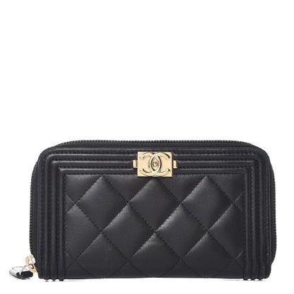 Chanel Lambskin Quilted Small Boy Zip Around Wallet Black 1 of 10