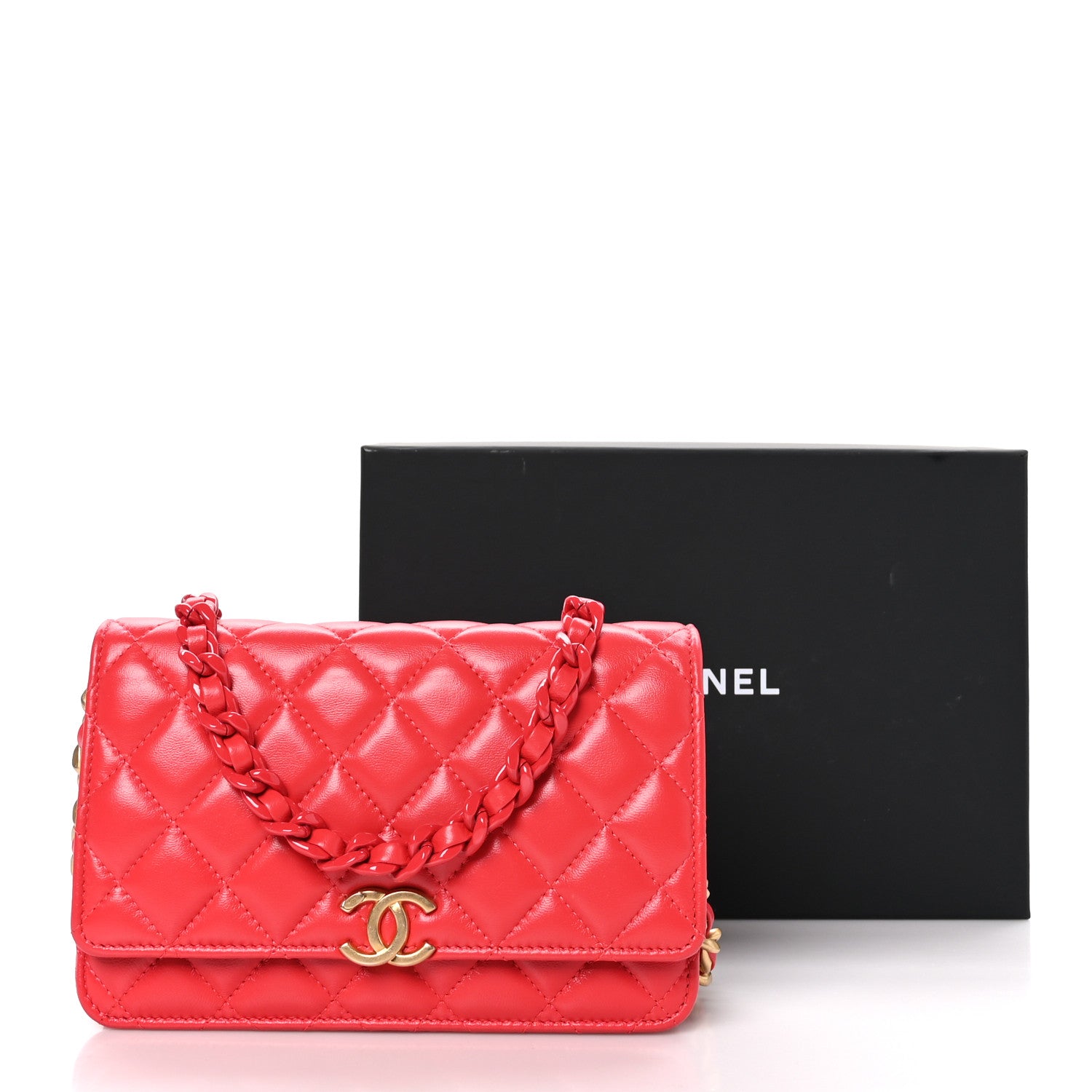 Chanel Lambskin Resin Quilted Wallet On Chain WOC Red 11 of 11