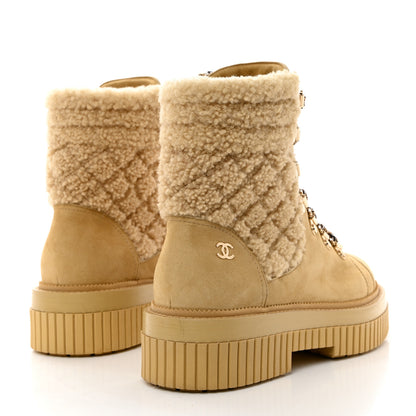 Chanel Suede Shearling Quilted CC Combat Boots 36.5 Beige 4 of 8