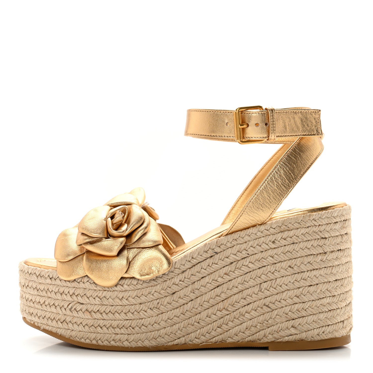 Valentino Garavani Metallic Kidskin Atelier 03 Rose Edition Espadrille 45/90mm Platform Sandals 37 Antique Brass 1 of 10