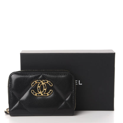Chanel Shiny Goatskin Quilted Chanel 19 Zip Around Coin Purse Wallet Black 8 of 8