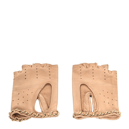 Chanel Lambskin Perforated Fingerless Chain CC Gloves 7 Beige 2 of 4