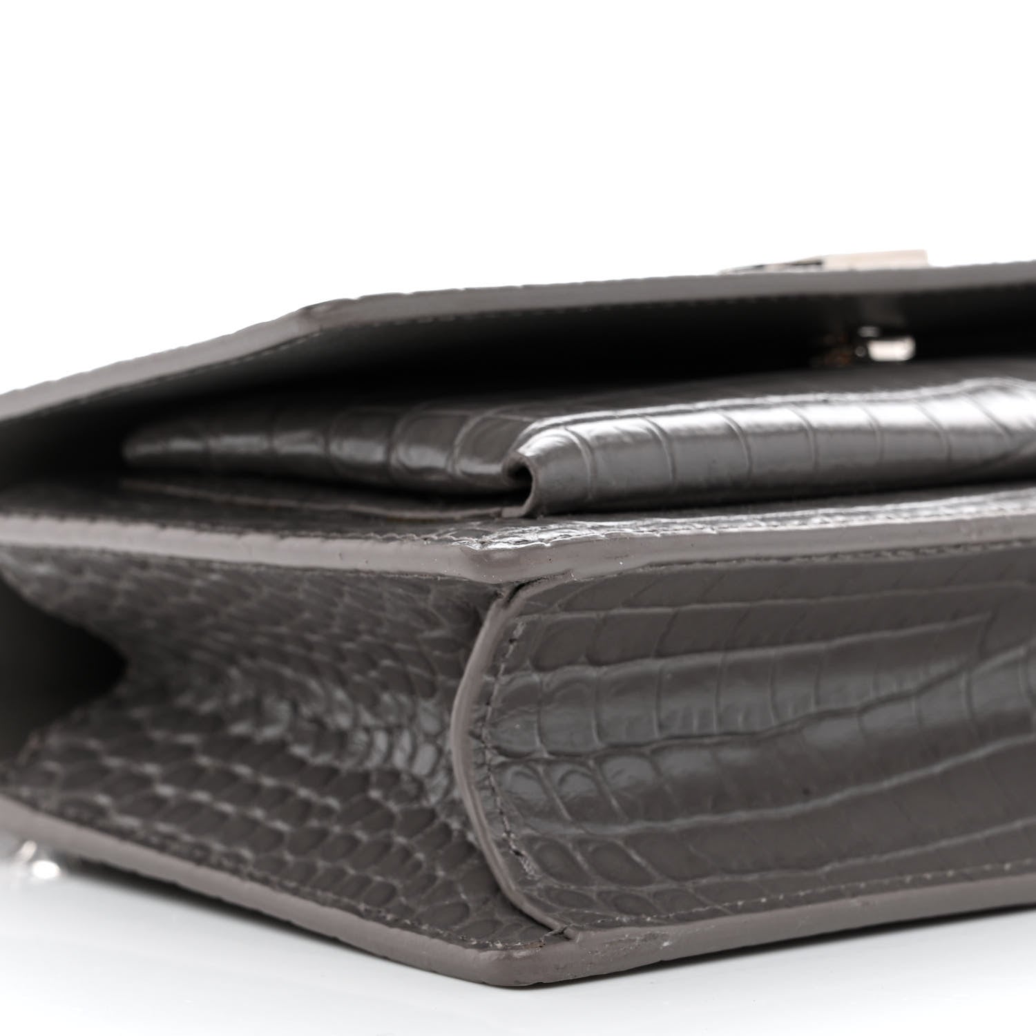 Saint Laurent Calfskin Crocodile Embossed Monogram Sunset Chain Wallet Graphite 10 of 11