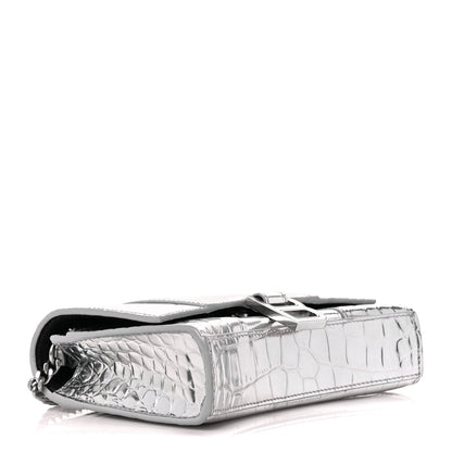 Balenciaga Metallic Calfskin Crocodile Embossed Hourglass Chain Bag Silver 4 of 11