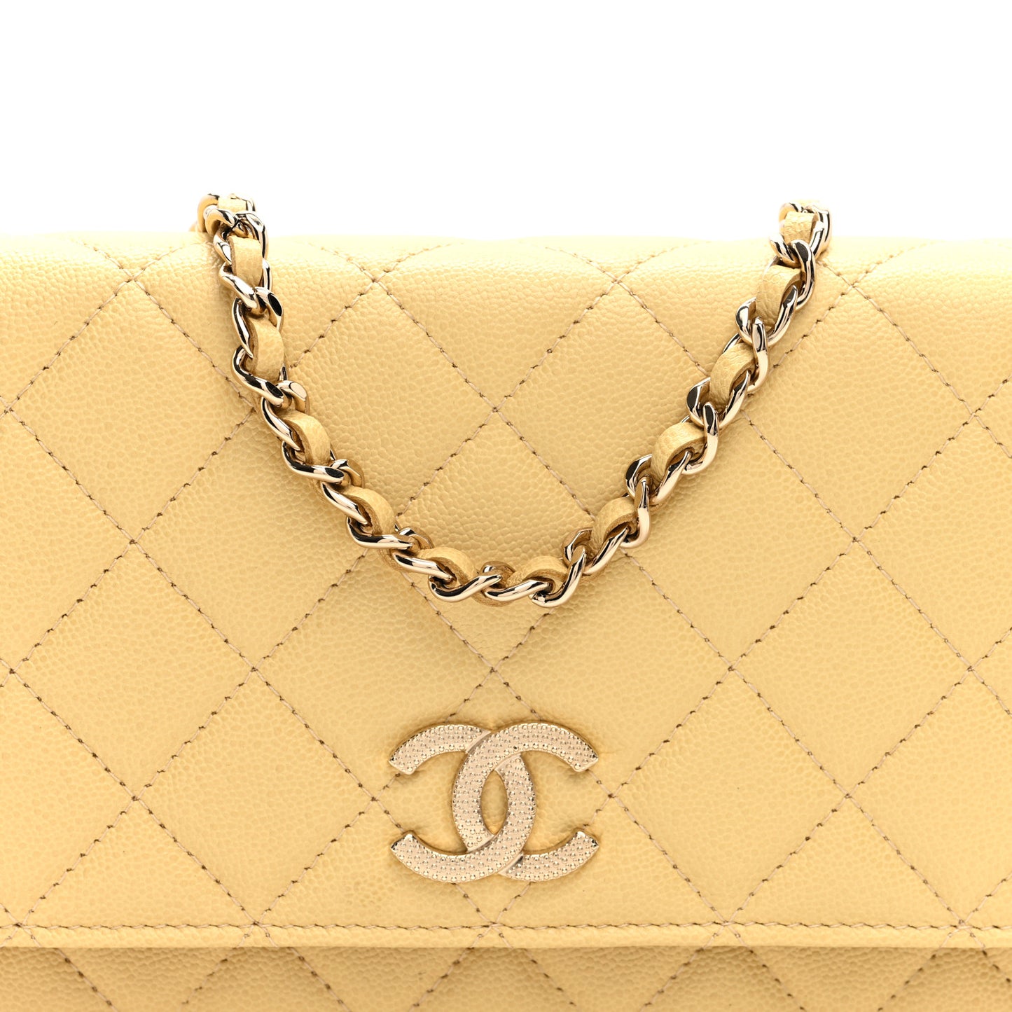 Caviar Quilted Studded CC Wallet on Chain WOC Yellow