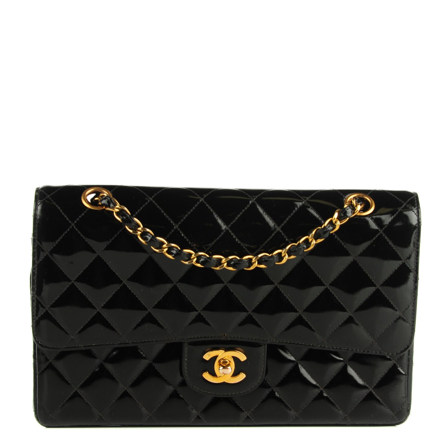 Patent Quilted Medium Double Flap Black