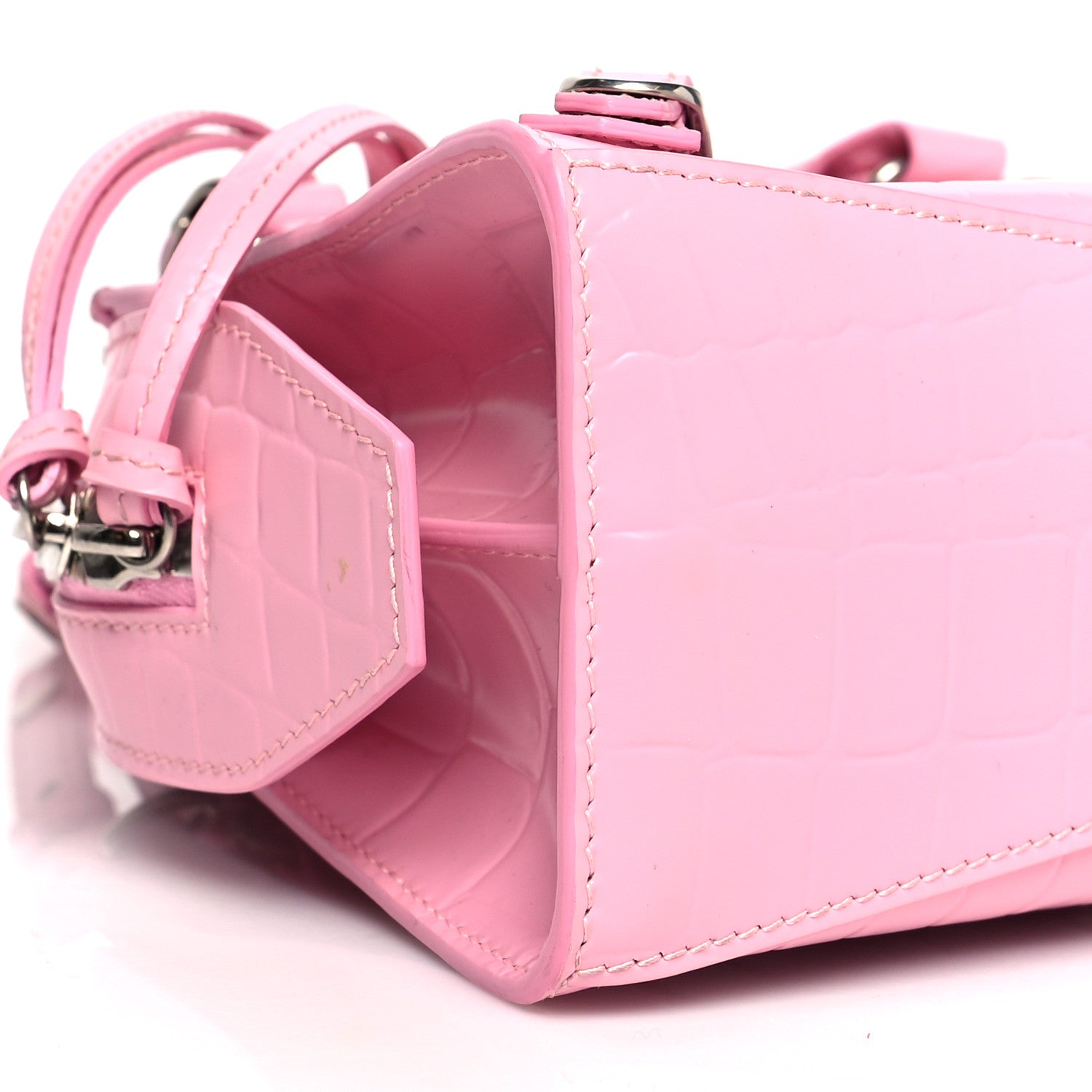 Balenciaga Semi Shiny Calfskin Crocodile Embossed Neo Classic Silver Hardware Mini City Pink 8 of 9