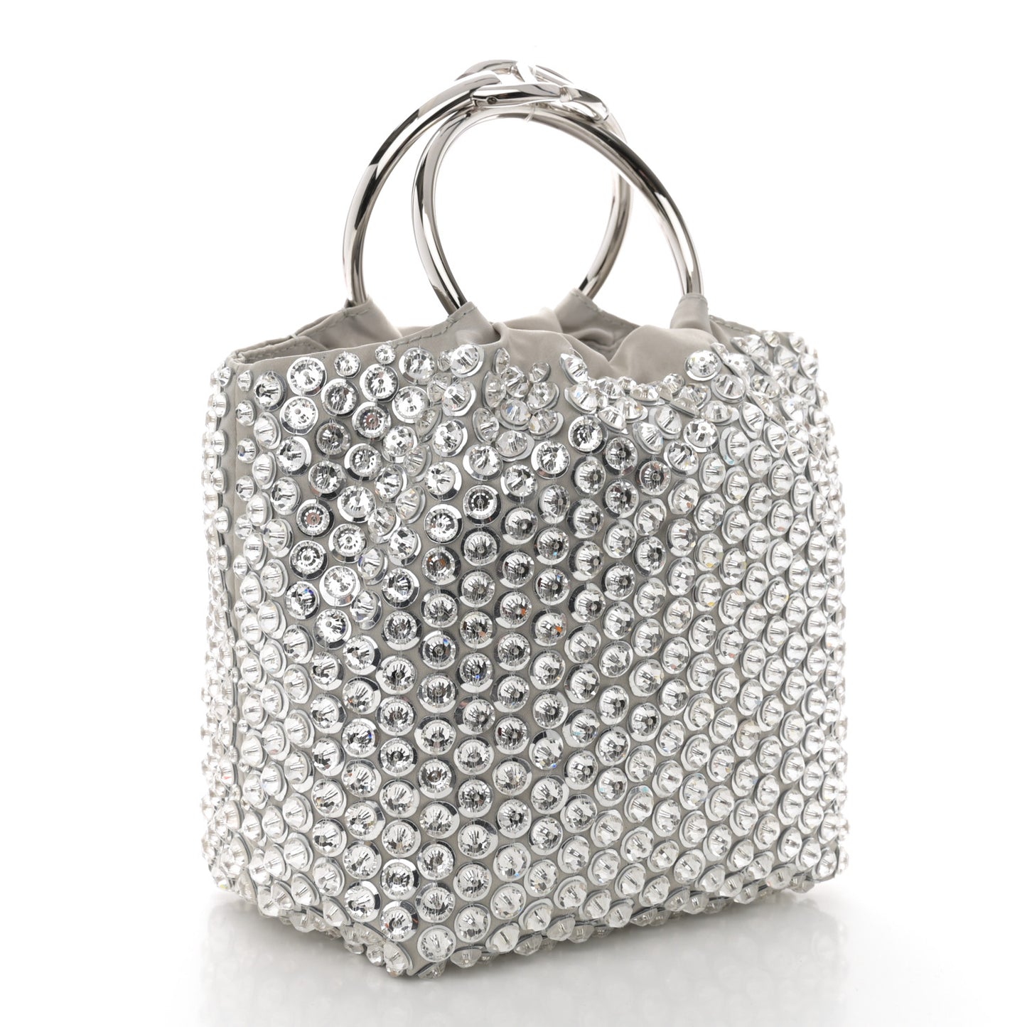 Satin Rhinestone Embellished Small Carry Secrets Bucket Bag Silver