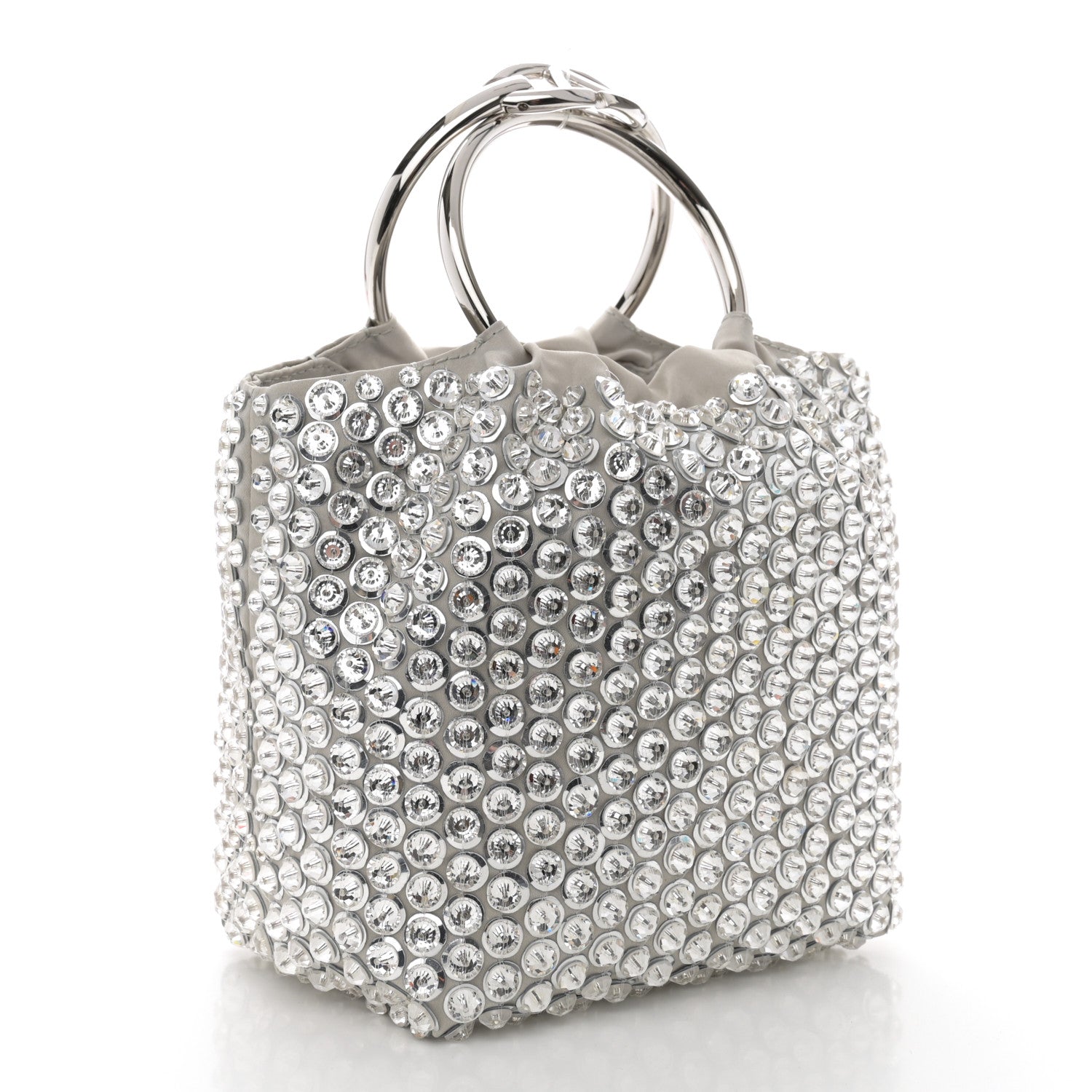 Valentino Garavani Satin Rhinestone Embellished Small Carry Secrets Bucket Bag Silver 3 of 10