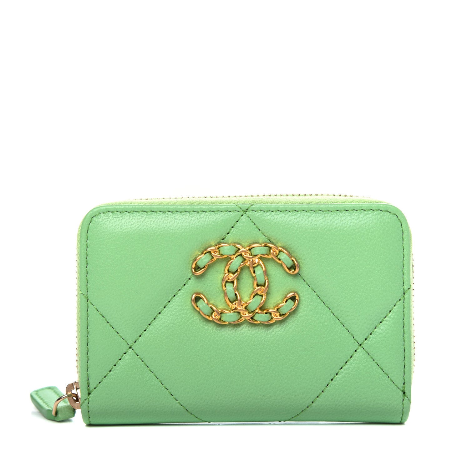 Shiny Goatskin Quilted 19 Zip Around Coin Purse Wallet Green