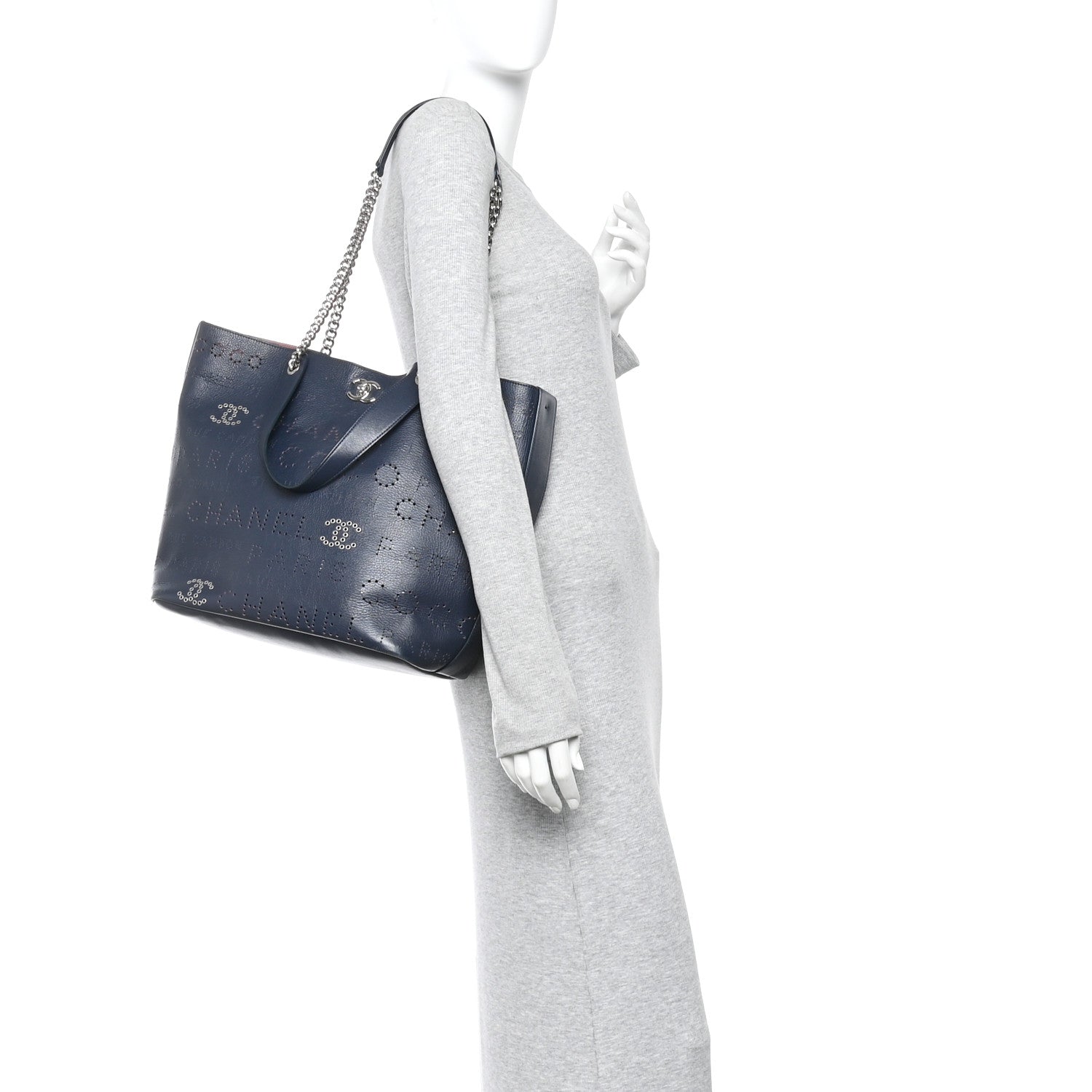 Chanel Calfskin Tweed Small Logo Eyelets Shopping Tote Navy Blue 2 of 12