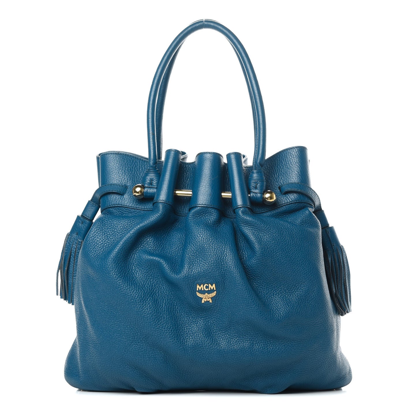 Grained Calfskin Drawstring Bucket Bag Blue