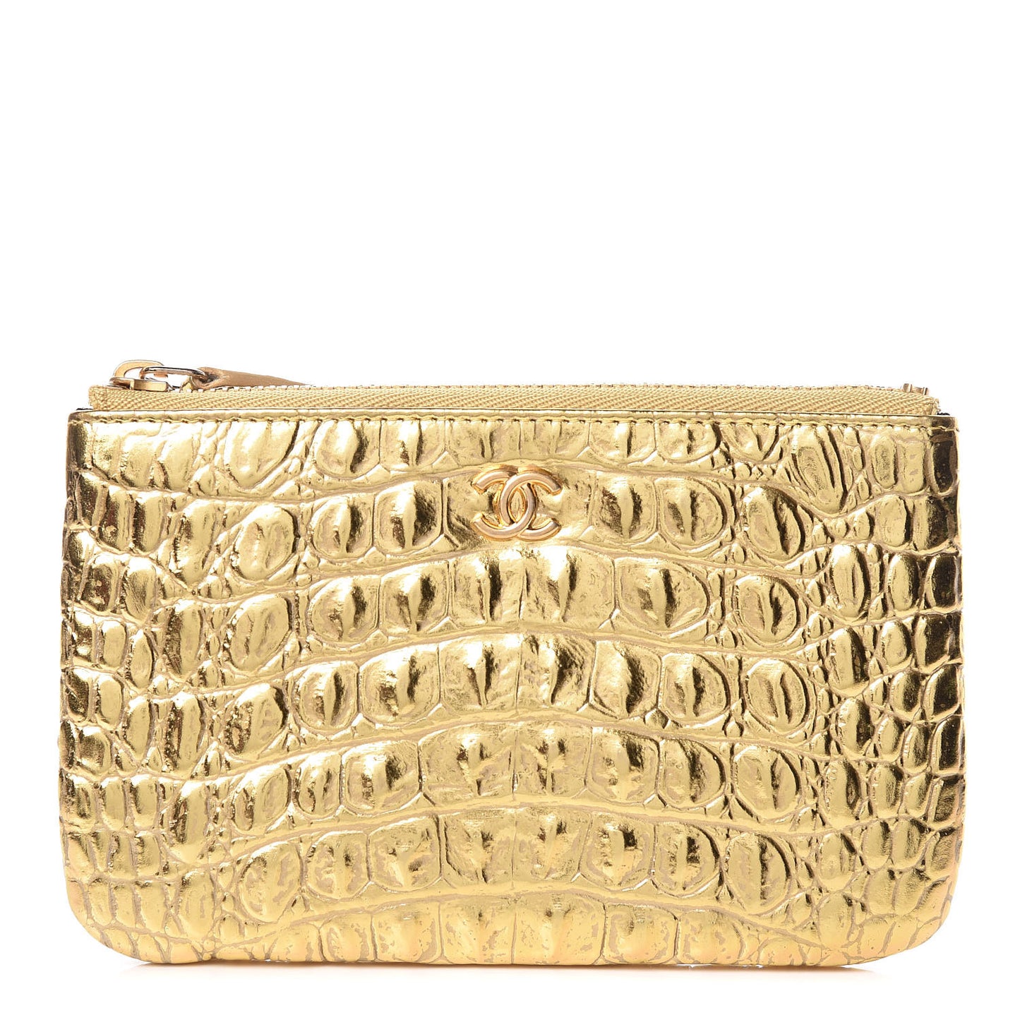 Metallic Calfskin Crocodile Embossed Cocodile Small Cosmetic Case Gold