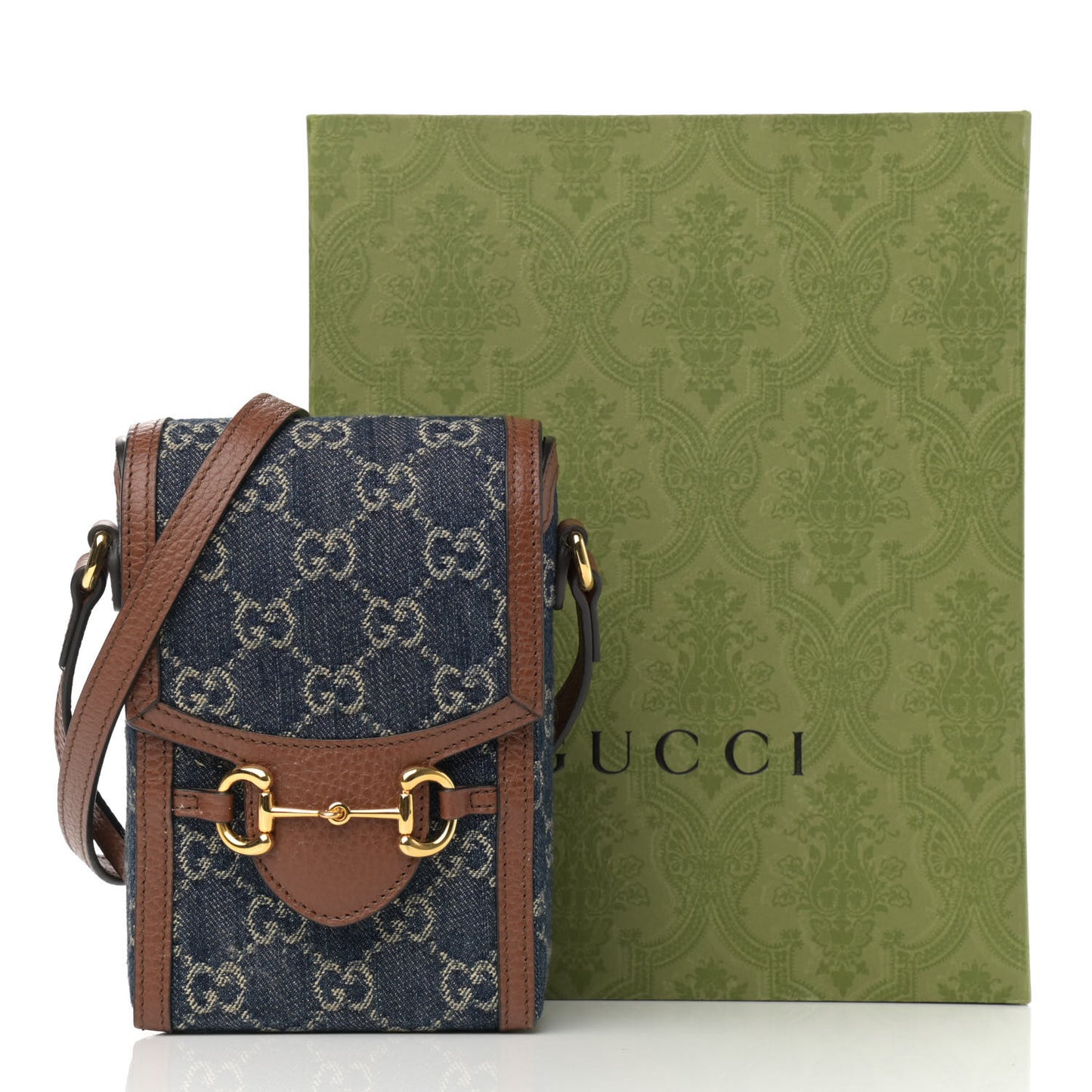 New Denim GG Monogram Dollar Calfskin Mini Horsebit 1955 Crossbody Bag Blue Tea Cuir Epilog