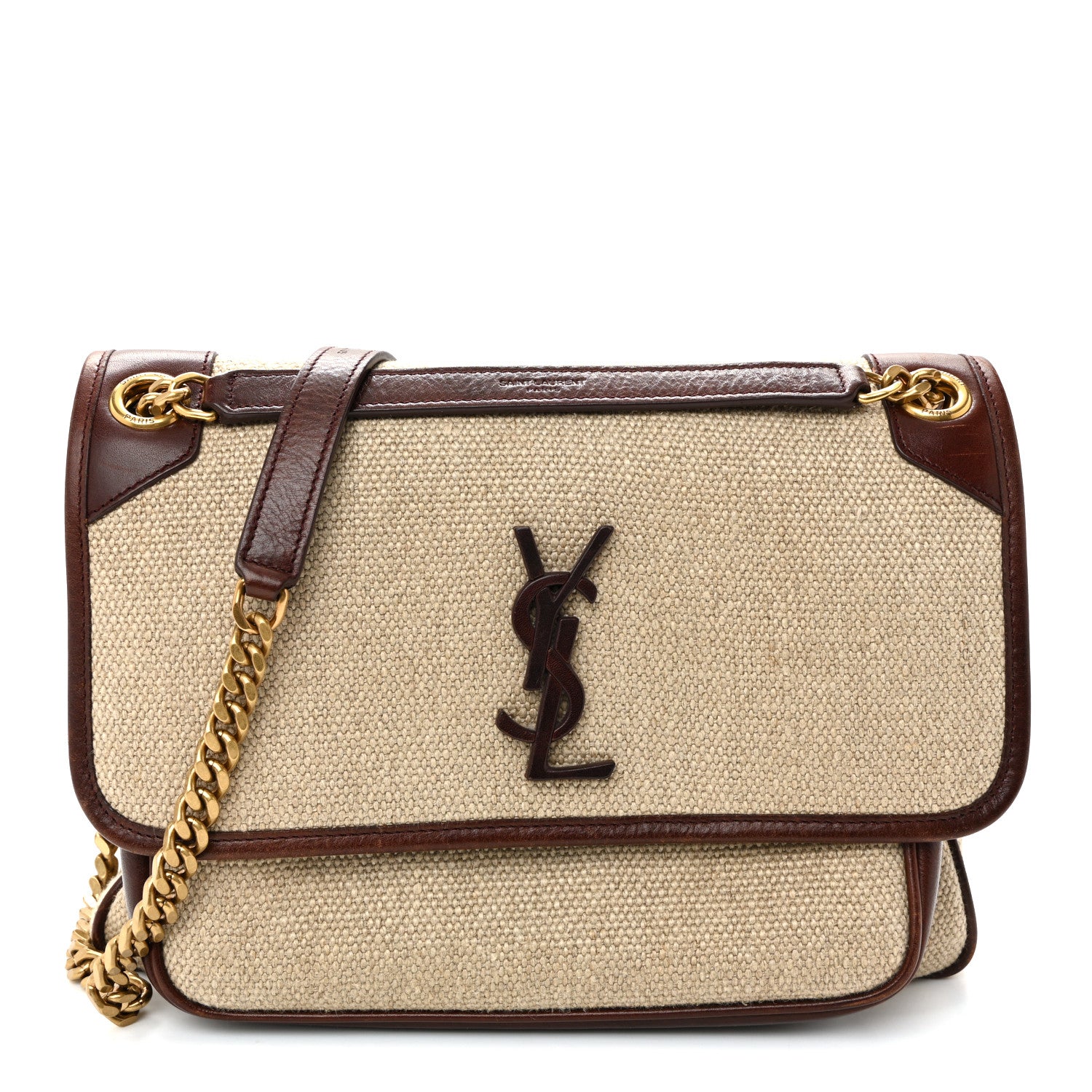 Saint Laurent Cotton Canvas Vintage Calfskin Monogram Medium Niki Chain Satchel Natural Chocolate 1 of 11