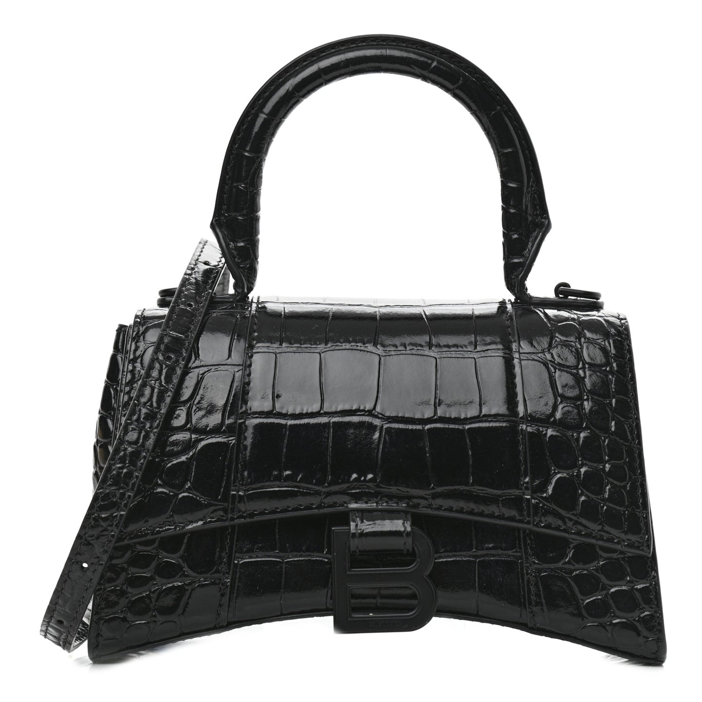 Shiny Calfskin Monochrome Crocodile Embossed Hourglass Top Handle Bag XS Black