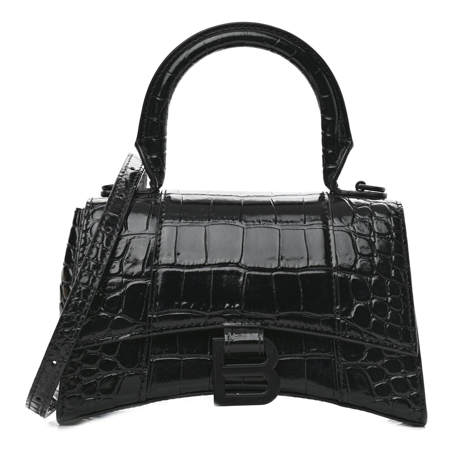 Balenciaga Shiny Calfskin Monochrome Crocodile Embossed Hourglass Top Handle Bag XS Black 1 of 8