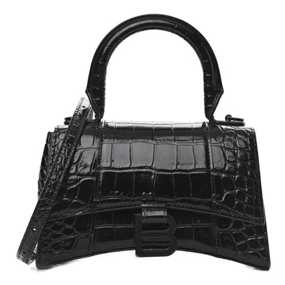 Balenciaga Shiny Calfskin Monochrome Crocodile Embossed Hourglass Top Handle Bag XS Black 1 of 8