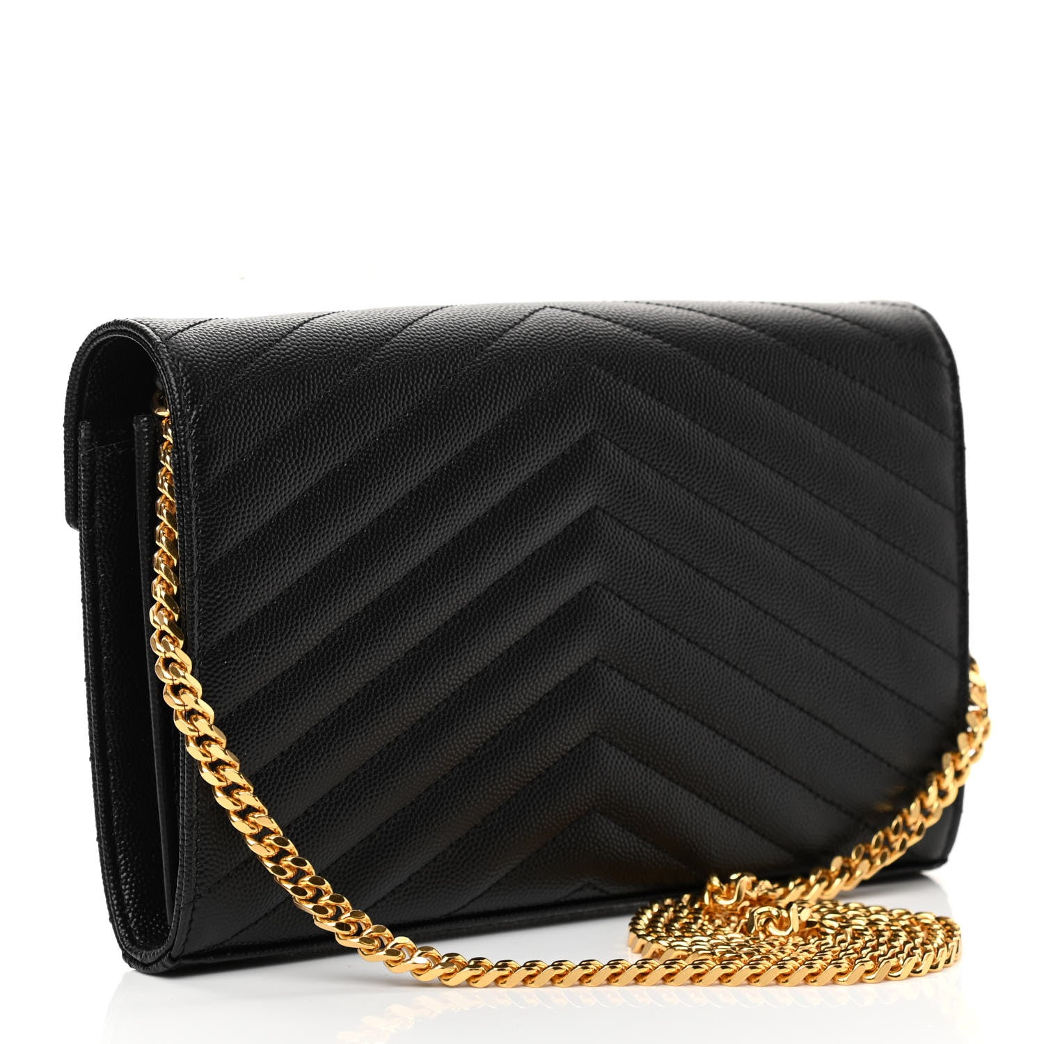 Saint Laurent Grain De Poudre Matelasse Chevron Monogram Chain Wallet Black 3 of 10