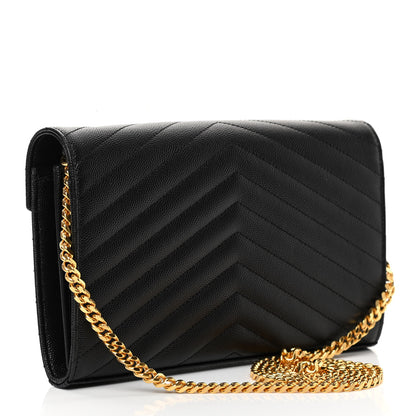 Saint Laurent Grain De Poudre Matelasse Chevron Monogram Chain Wallet Black 3 of 10