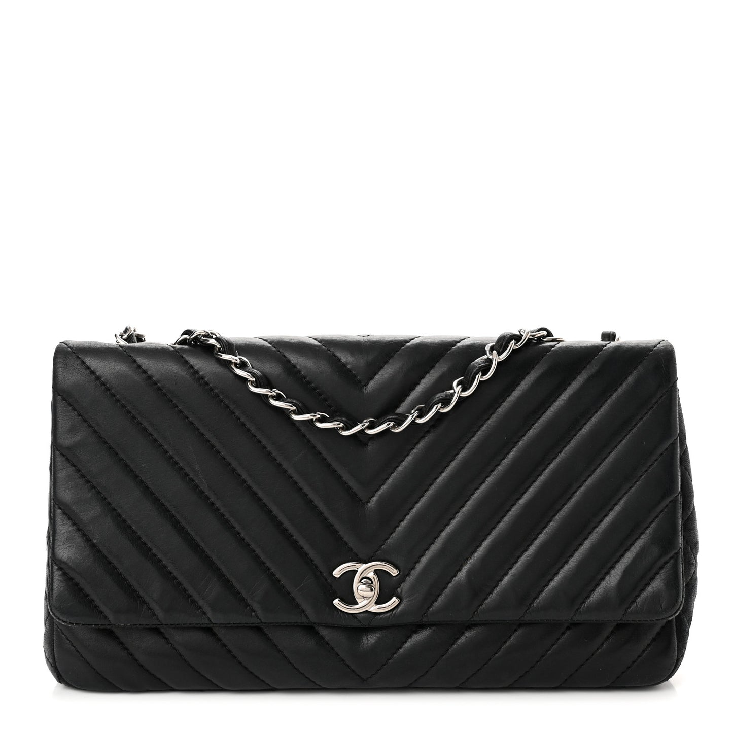 Lambskin Chevron Quilted Single Flap Black
