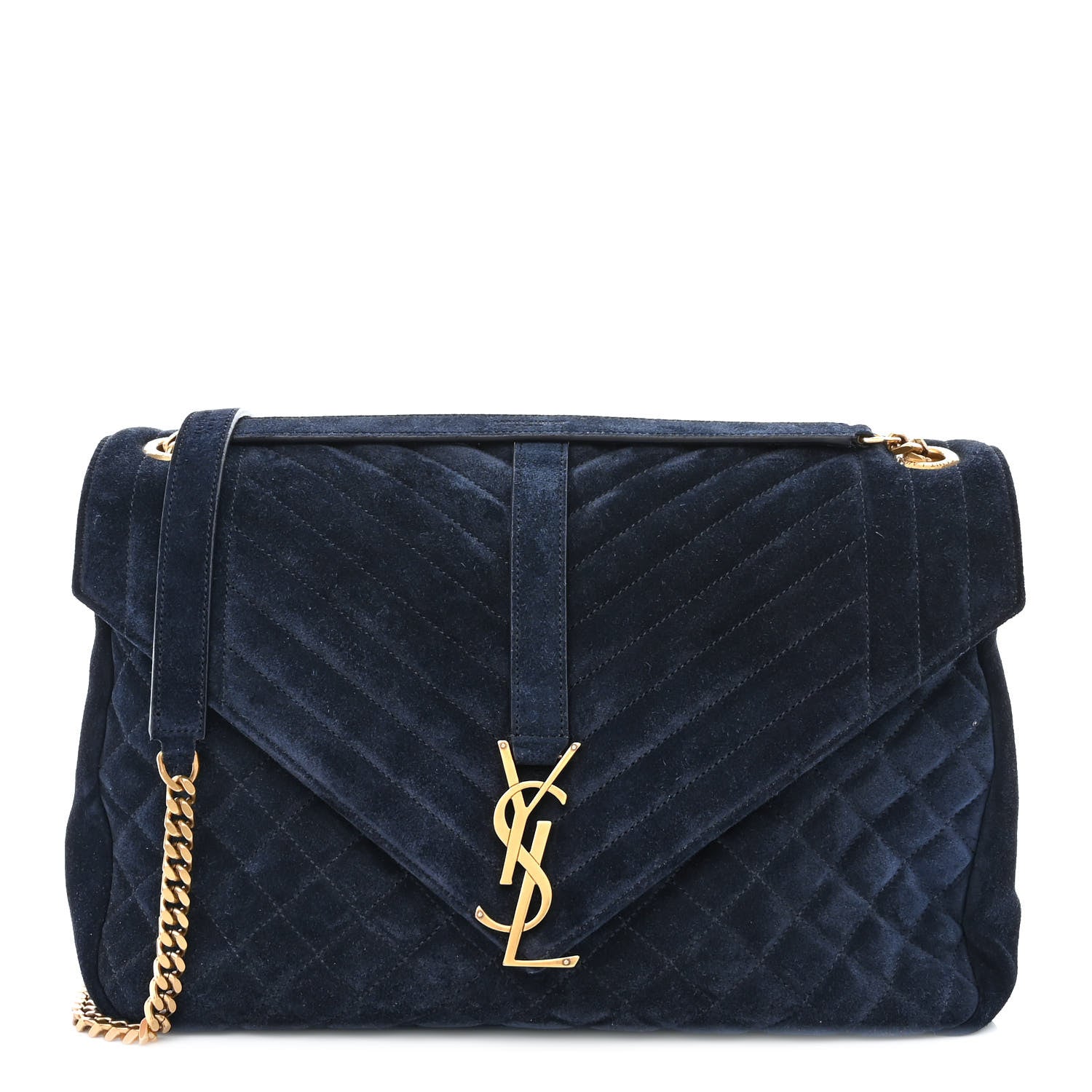 Saint Laurent Suede Mixed Matelasse Triquilt Large Monogram Envelope Satchel Navy Blue 1 of 11