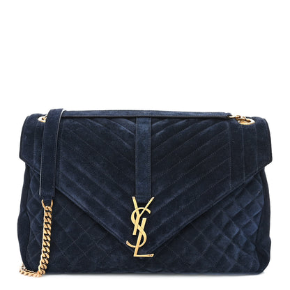 Saint Laurent Suede Mixed Matelasse Triquilt Large Monogram Envelope Satchel Navy Blue 1 of 11