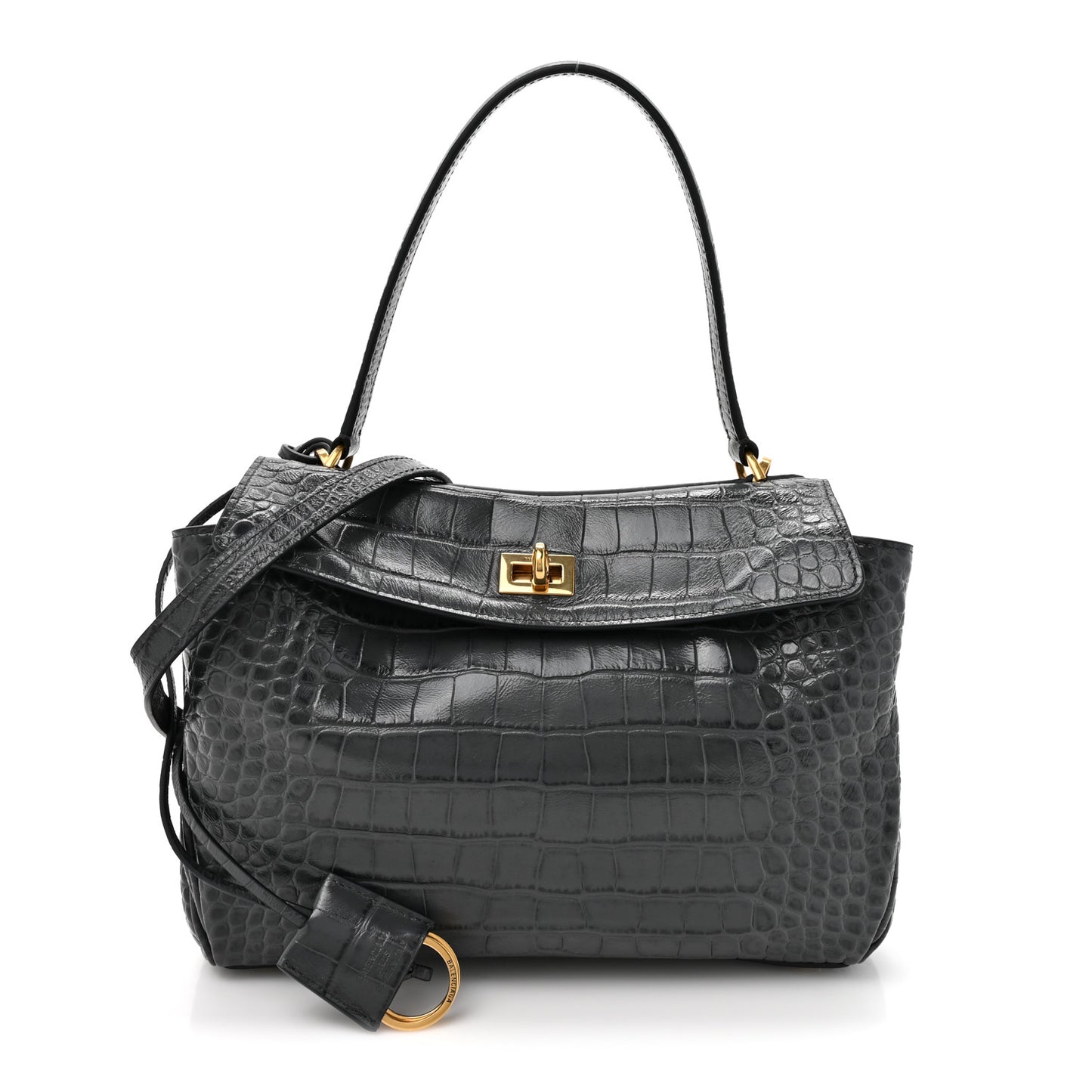Shiny Calfskin Crocodile Embossed Small Rodeo Top Handle Handbag Grey
