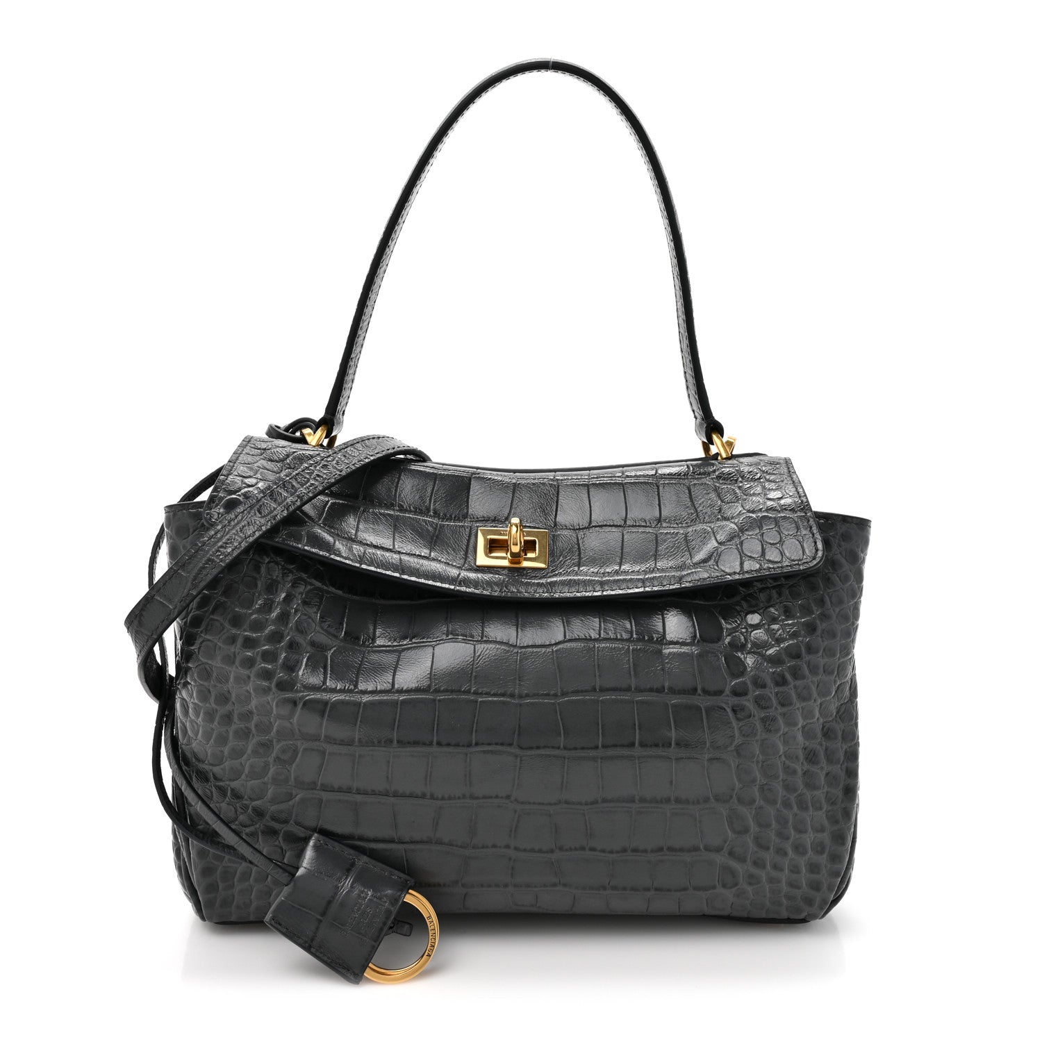 Balenciaga Shiny Calfskin Crocodile Embossed Small Rodeo Top Handle Handbag Grey 1 of 12
