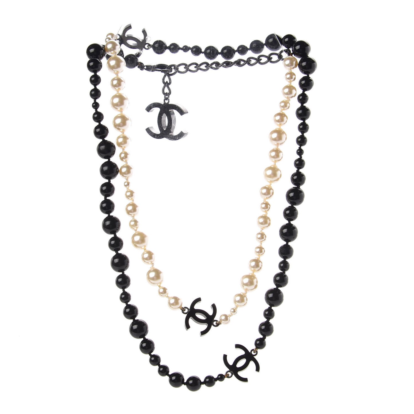 Pearl Beaded CC Long Necklace Black White