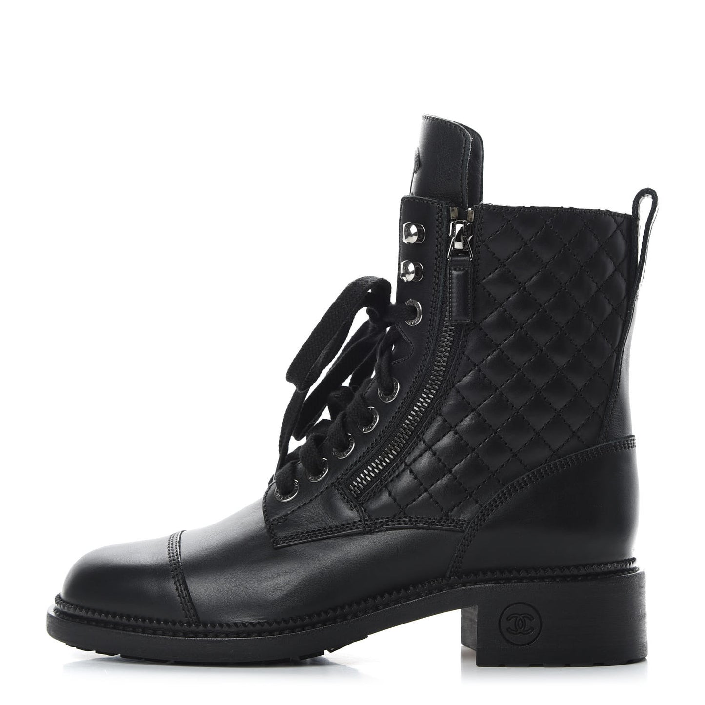Calfskin Quilted Lace Up Combat Boots 38 Black
