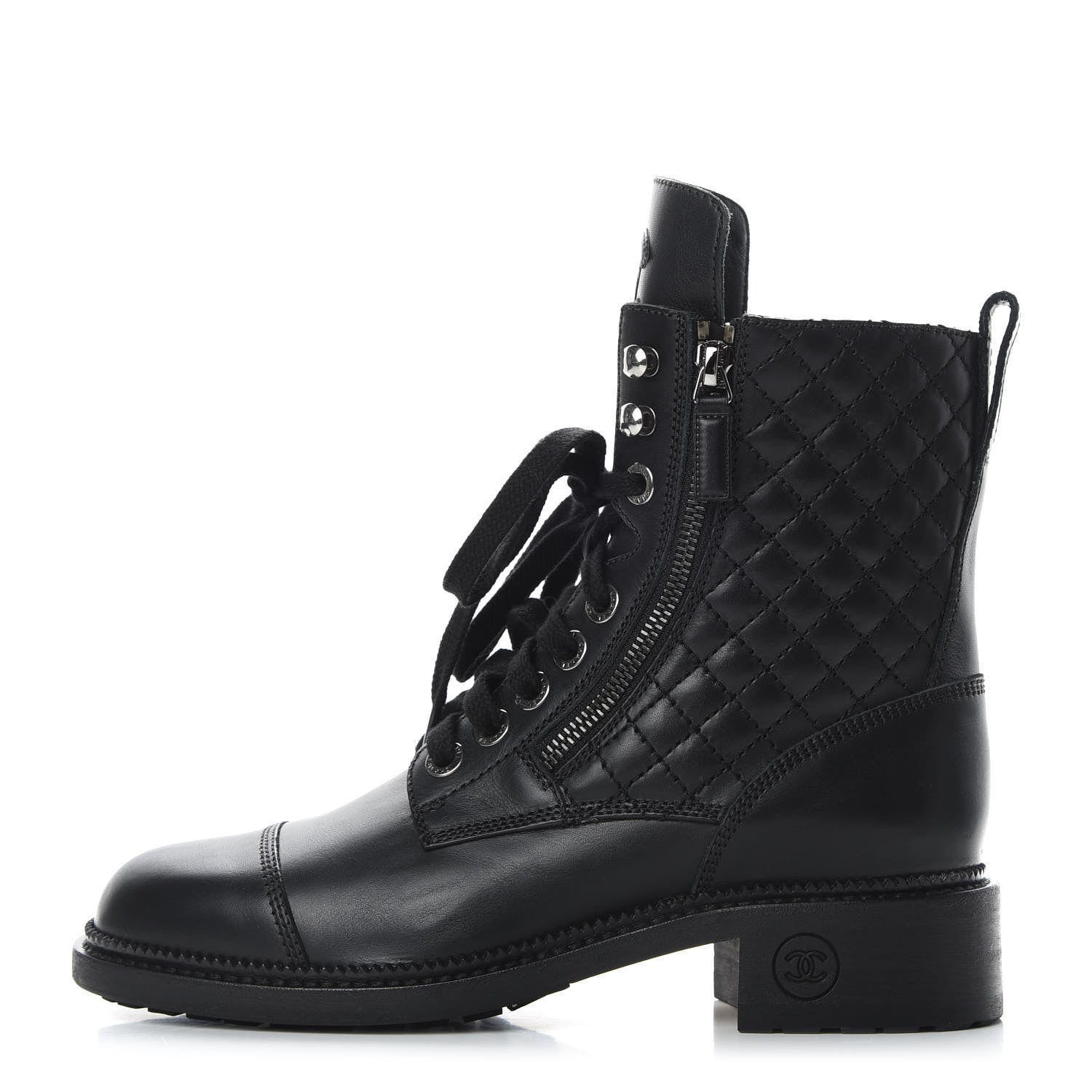 Chanel Calfskin Quilted Lace Up Combat Boots 38 Black 1 of 8