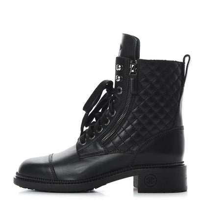 Chanel Calfskin Quilted Lace Up Combat Boots 38 Black 1 of 8