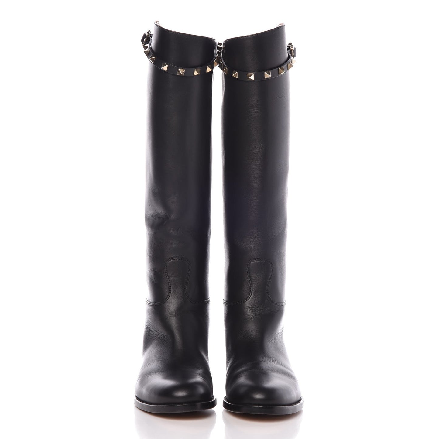 Calfskin Rockstud Knee High Flat Boots 38 Black