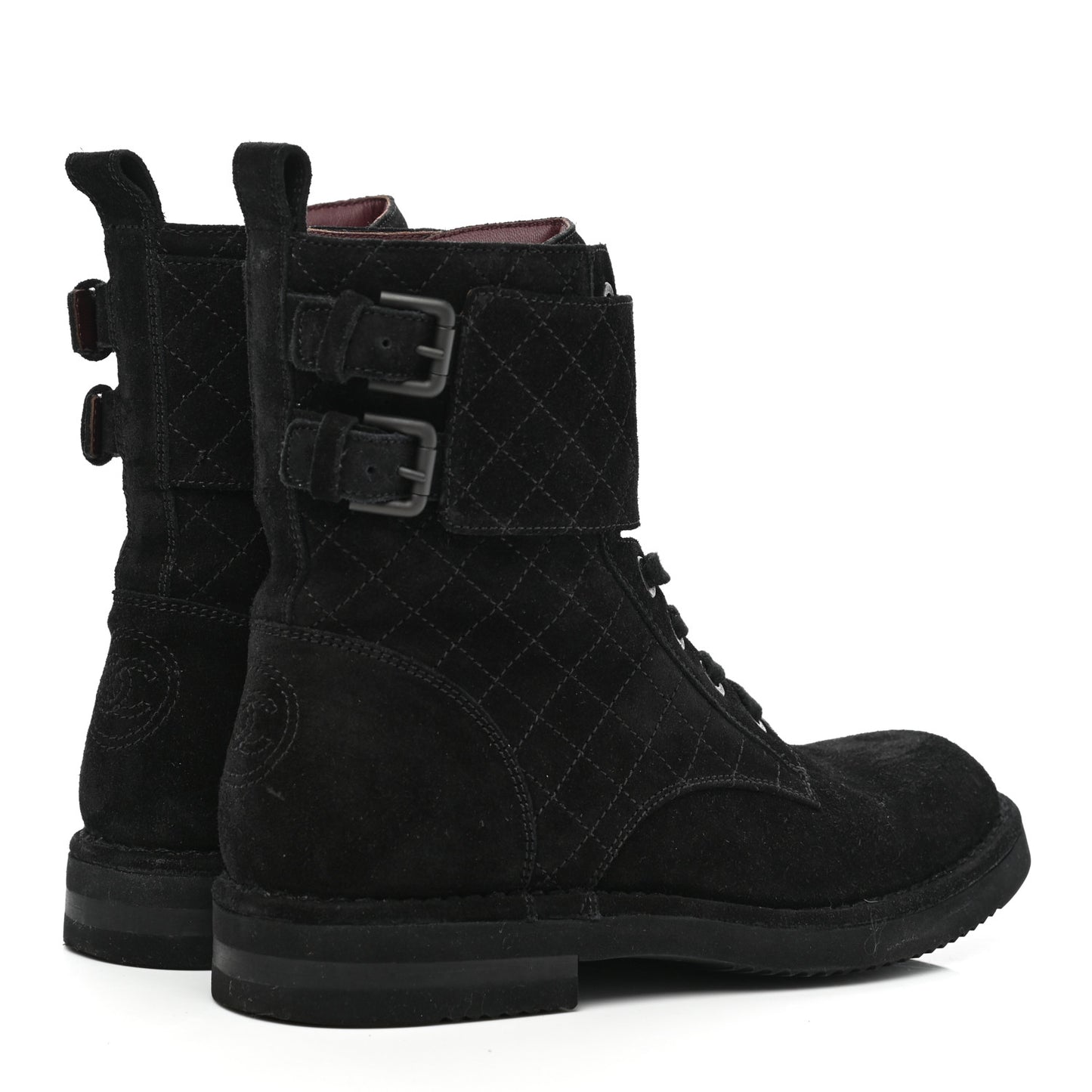 Suede Calfskin Quilted Combat Short Boots 38.5 Black