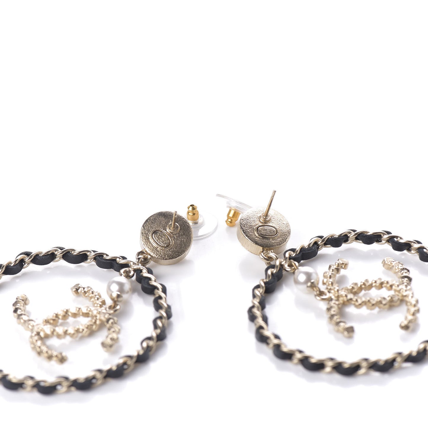 Lambskin Crystal Pearl CC Chain Hoop Earrings Gold Black