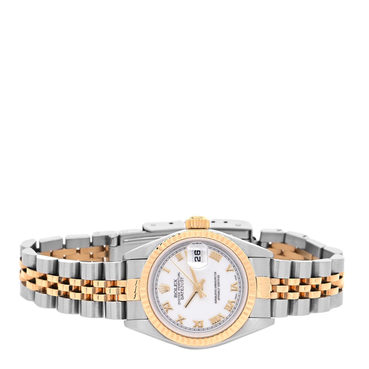 Stainless Steel 18K Yellow Gold 26mm Oyster Perpetual Datejust Watch White Roman 79173
