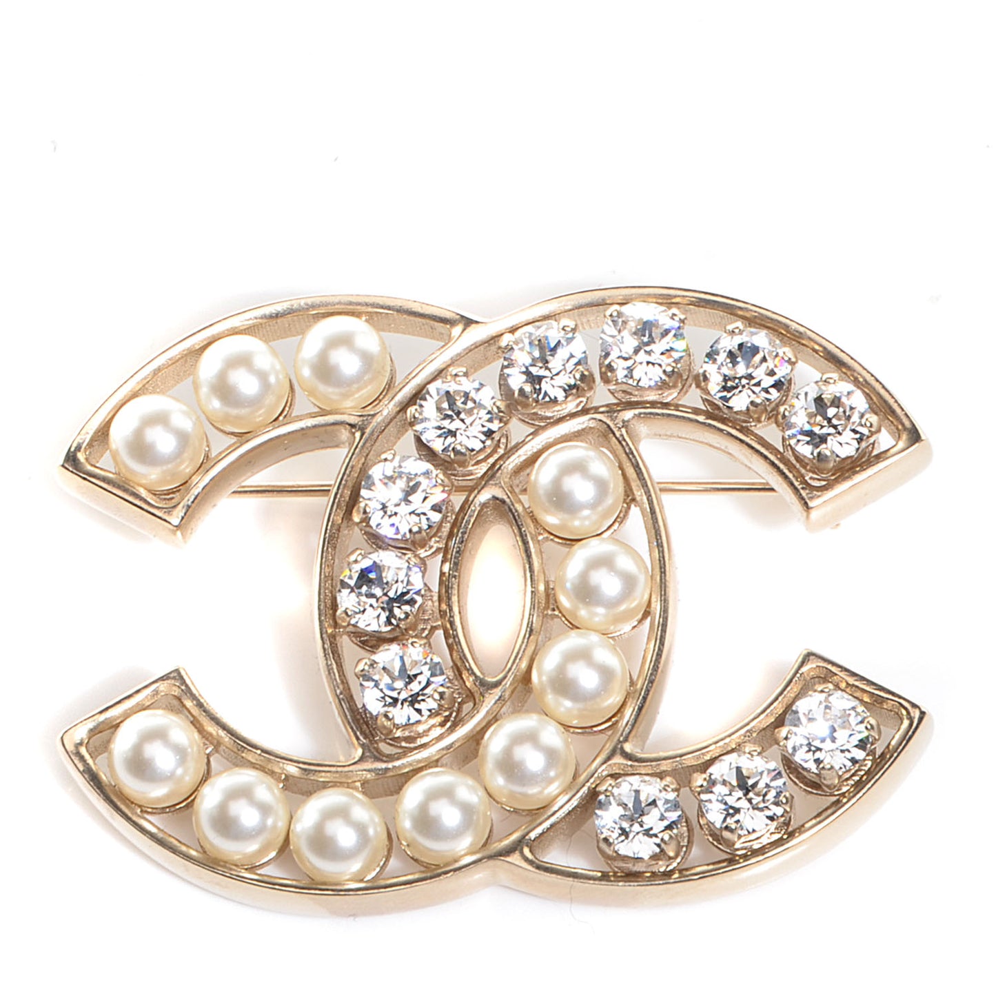 Pearl Crystal CC Brooch Gold