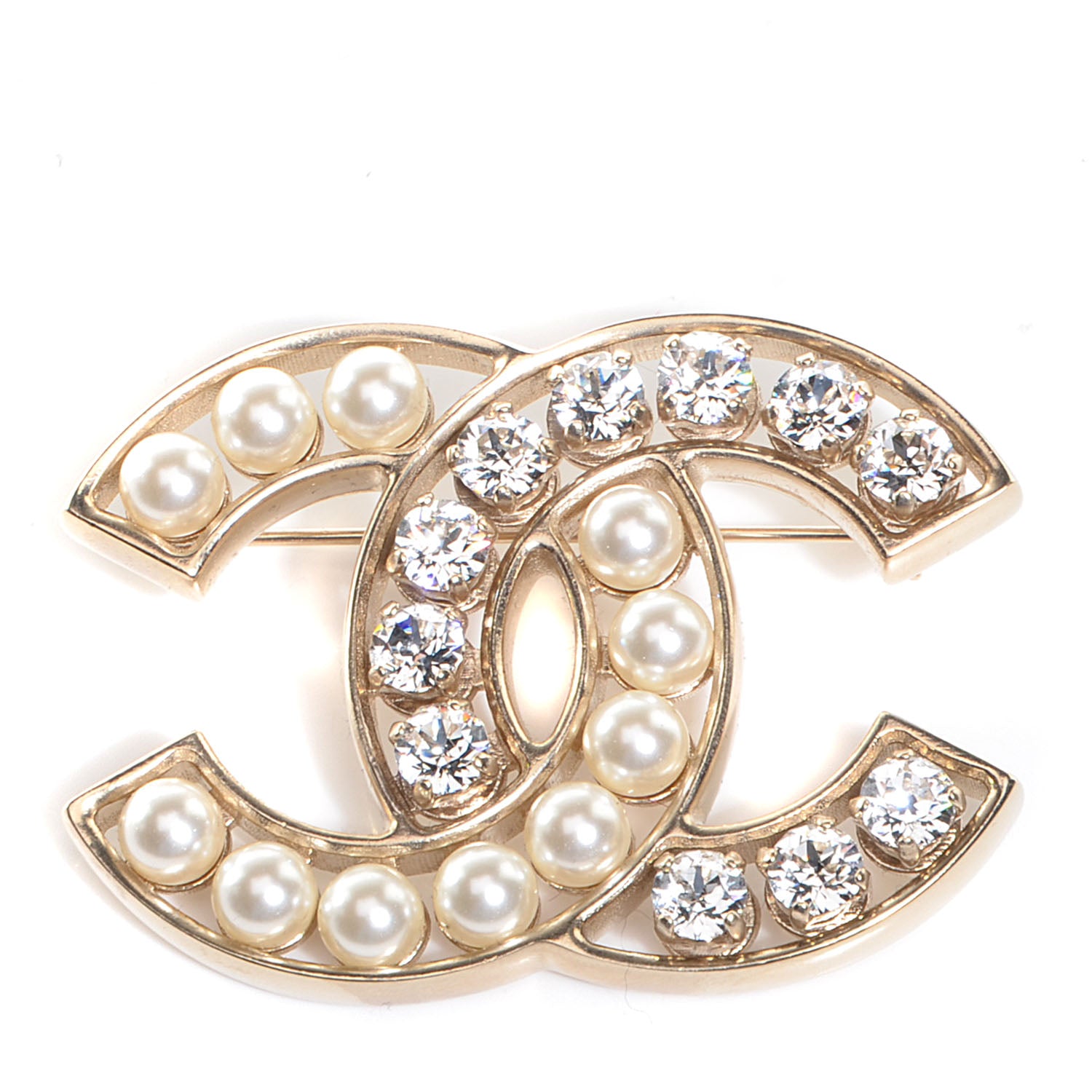 Chanel Pearl Crystal CC Brooch Gold 1 of 5